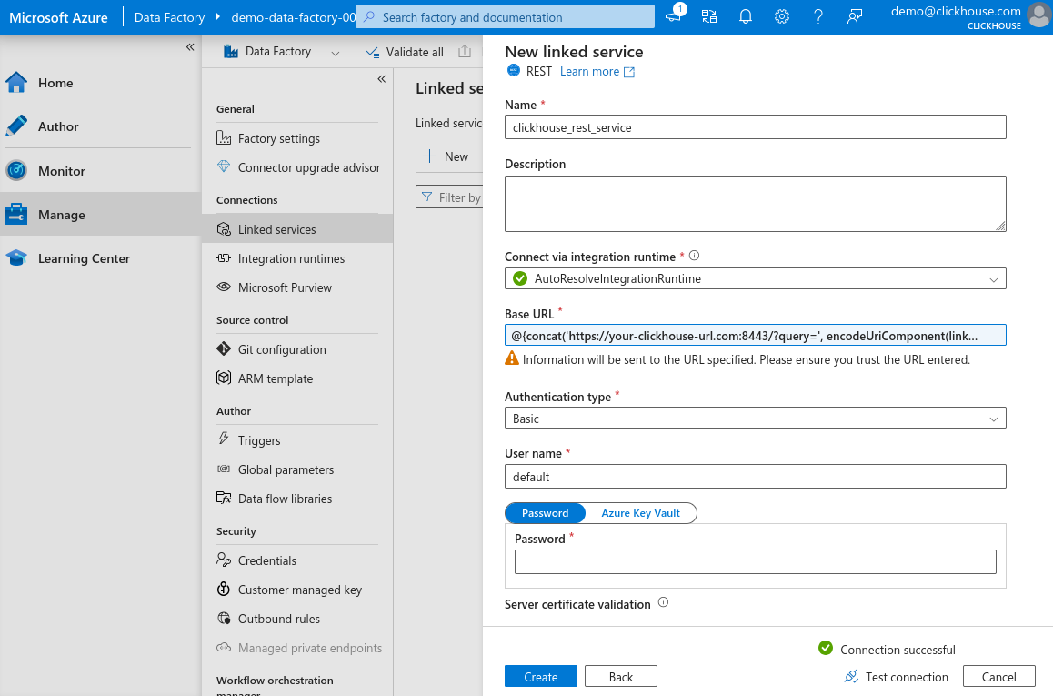 Проверка соединения новой связанной службы