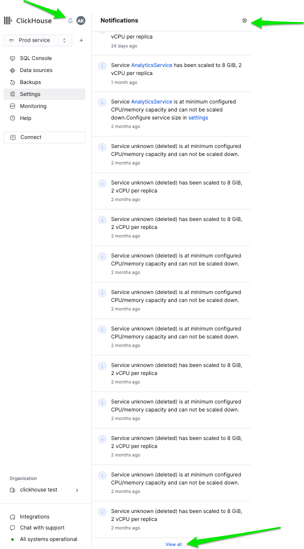 Выезжающая панель уведомлений ClickHouse Cloud